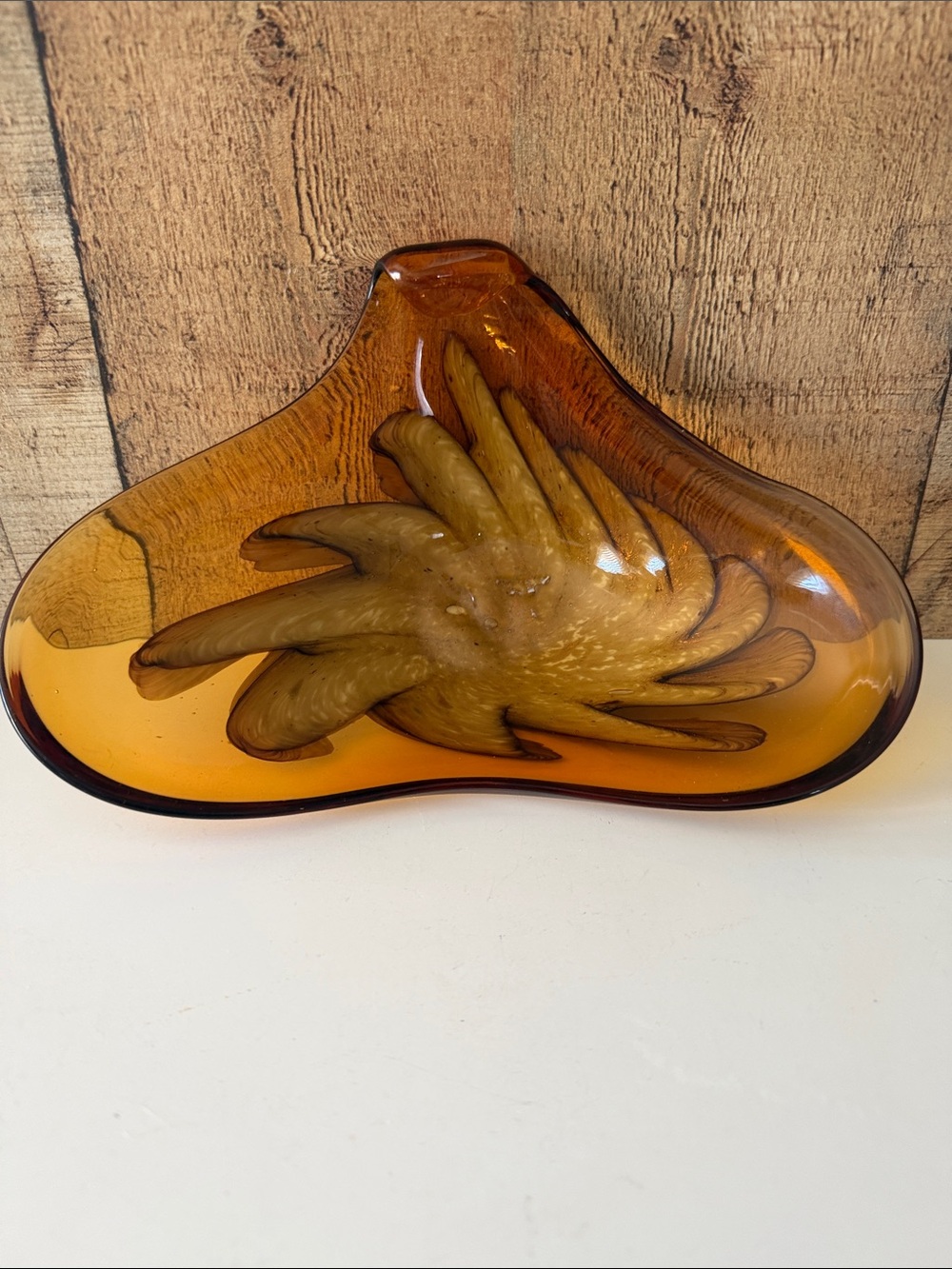 Vintage MCM Italian Fratelli Toso Murano Amber & Gold Swirl Handblown Glass Bowl
